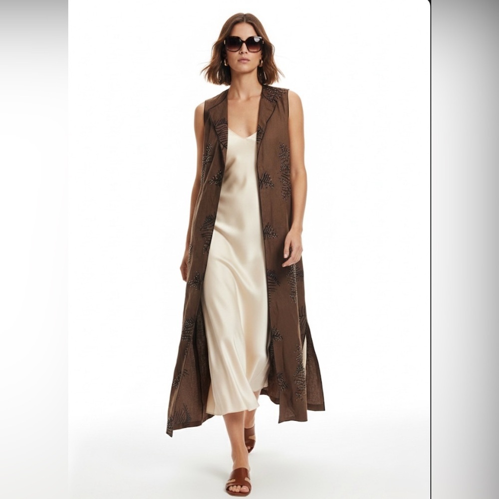 Zara Brown woman’s Limited Edition 100% Hemp Beaded Long Vest  Size XSMALL